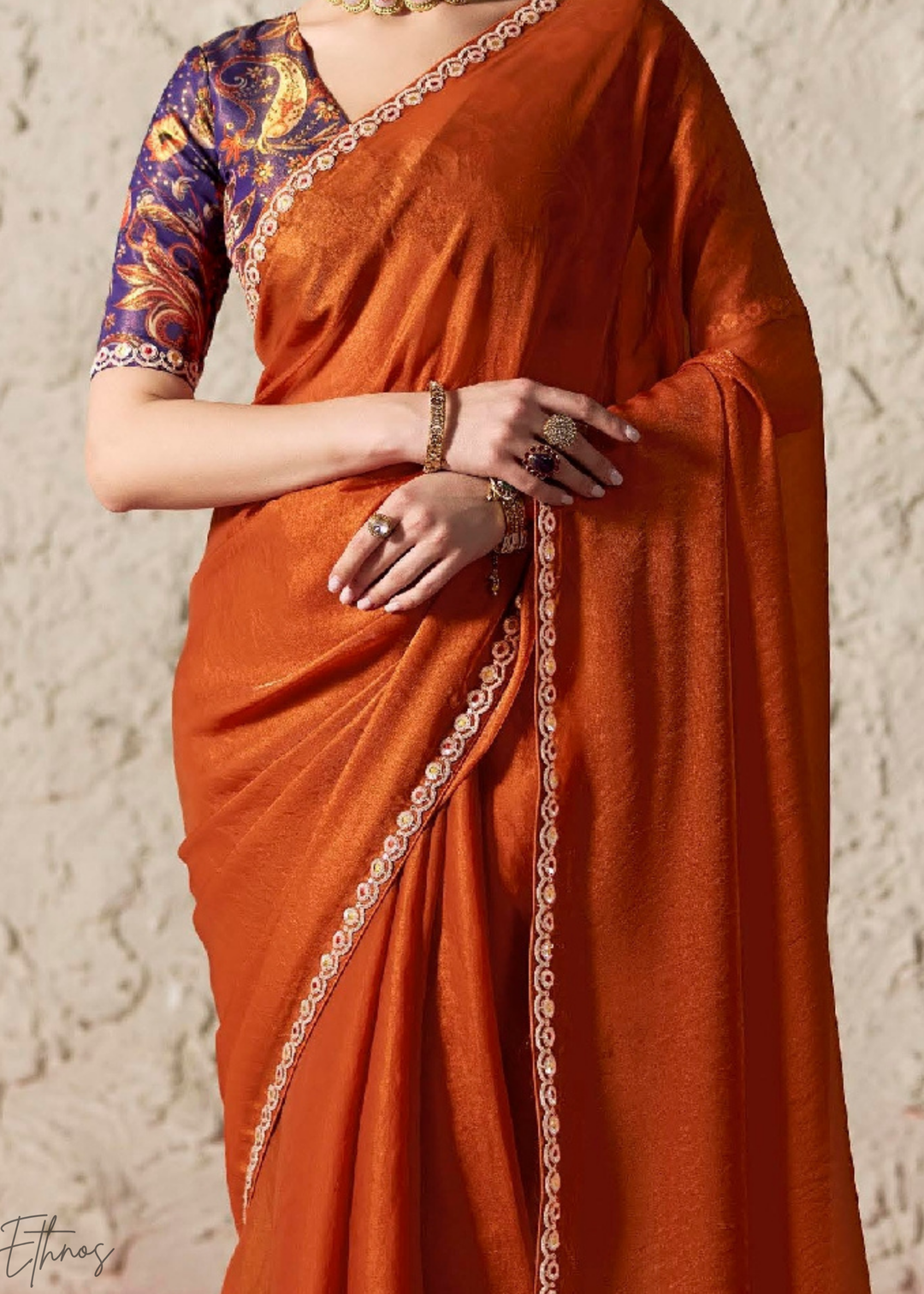 Rust Orange Embroidered Glass Tissue Designer Saree