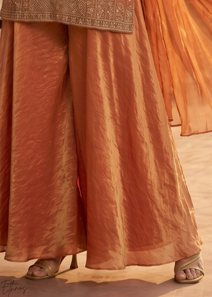 Rust Orange Embroidered Silk Palazzo Suit