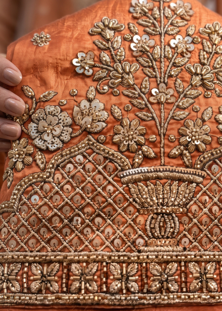 Rust Orange Embroidered Silk Palazzo Suit