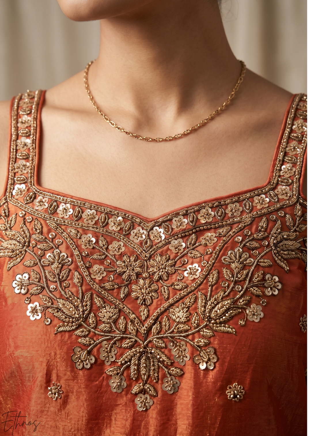 Rust Orange Embroidered Silk Palazzo Suit