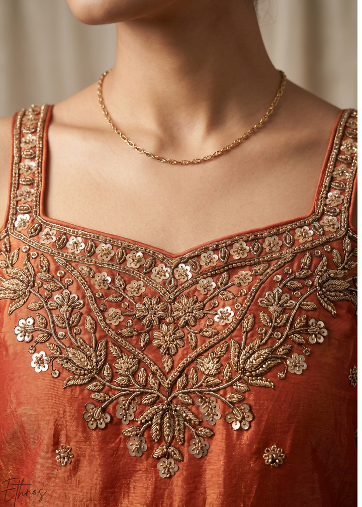 Rust Orange Embroidered Silk Palazzo Suit