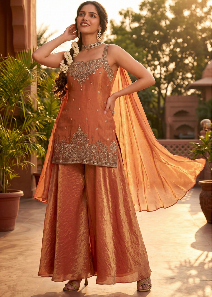 Rust Orange Embroidered Silk Palazzo Suit