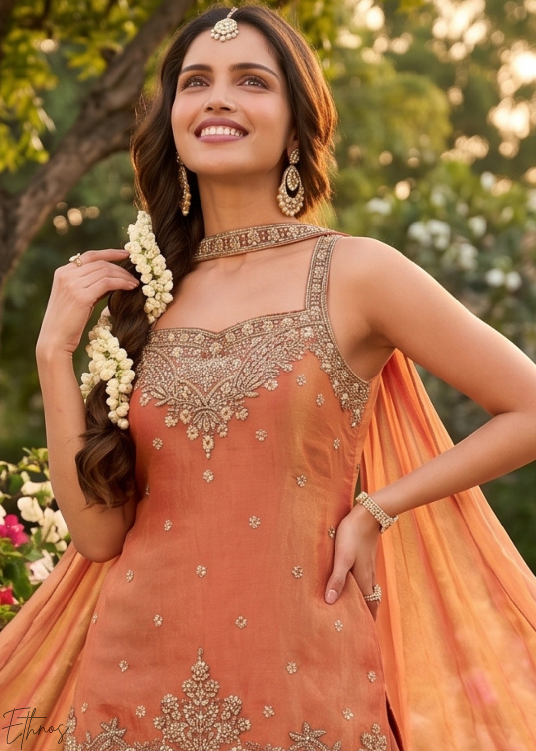 Rust Orange Embroidered Silk Palazzo Suit