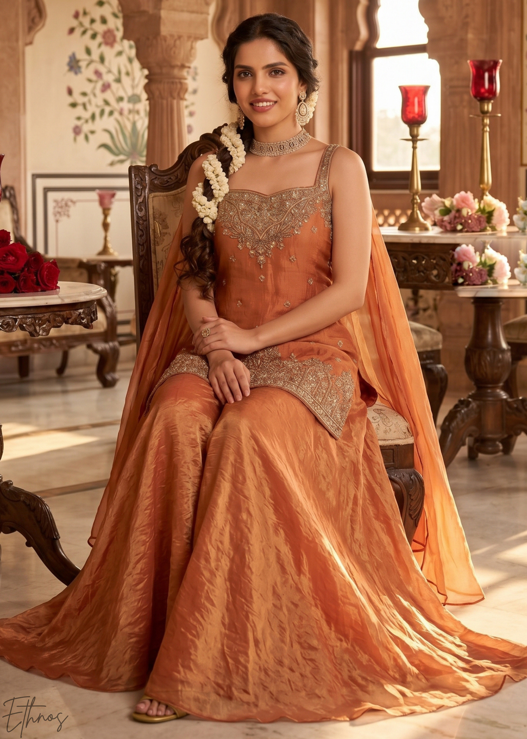 Rust Orange Embroidered Silk Palazzo Suit