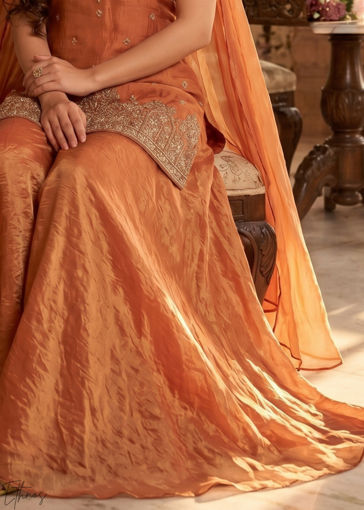 Rust Orange Embroidered Silk Palazzo Suit