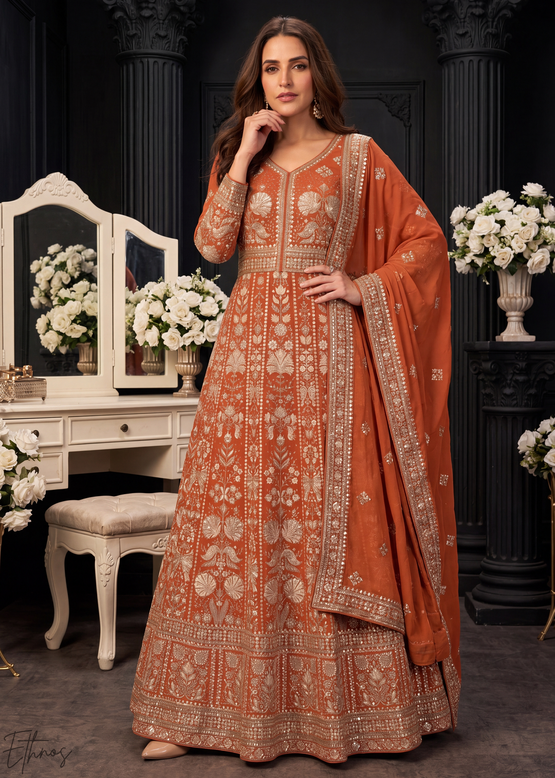 Rust Orange Floral-Embroidered Georgette Anarkali Gown Set