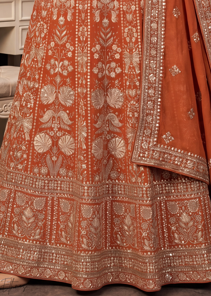 Rust Orange Floral-Embroidered Georgette Anarkali Gown Set