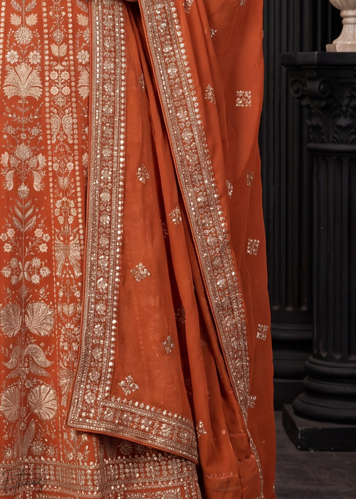 Rust Orange Floral-Embroidered Georgette Anarkali Gown Set