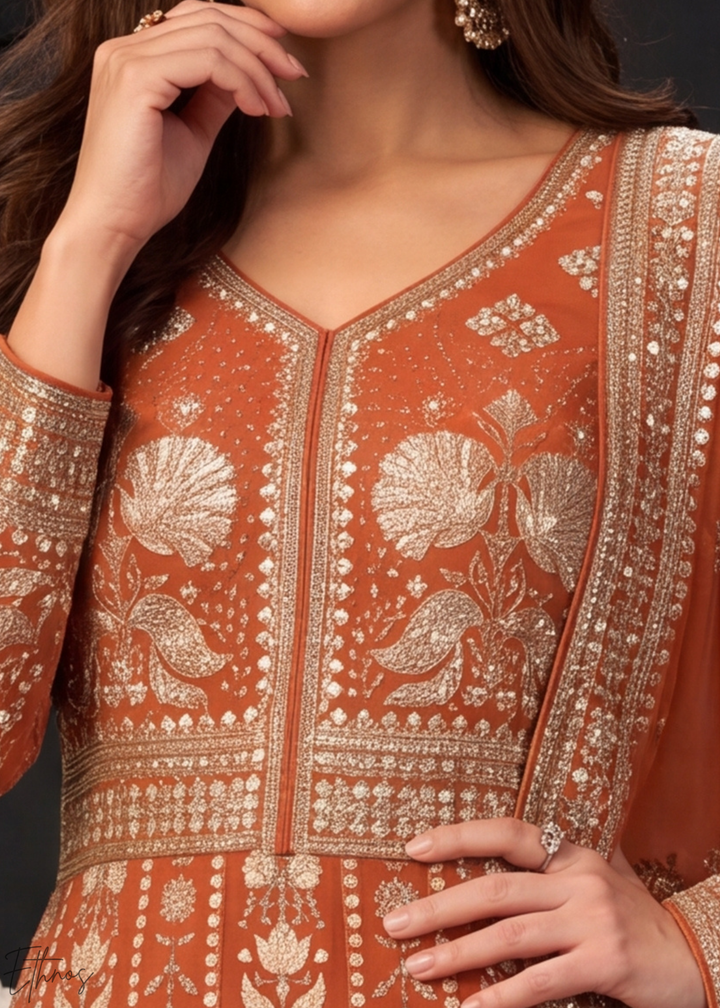 Rust Orange Floral-Embroidered Georgette Anarkali Gown Set