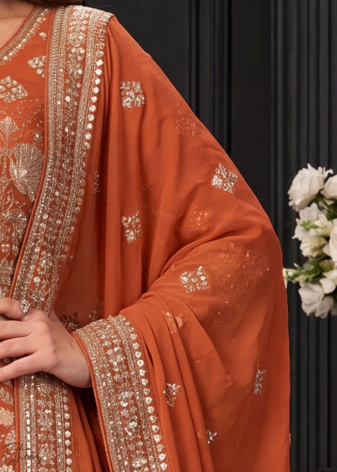 Rust Orange Floral-Embroidered Georgette Anarkali Gown Set