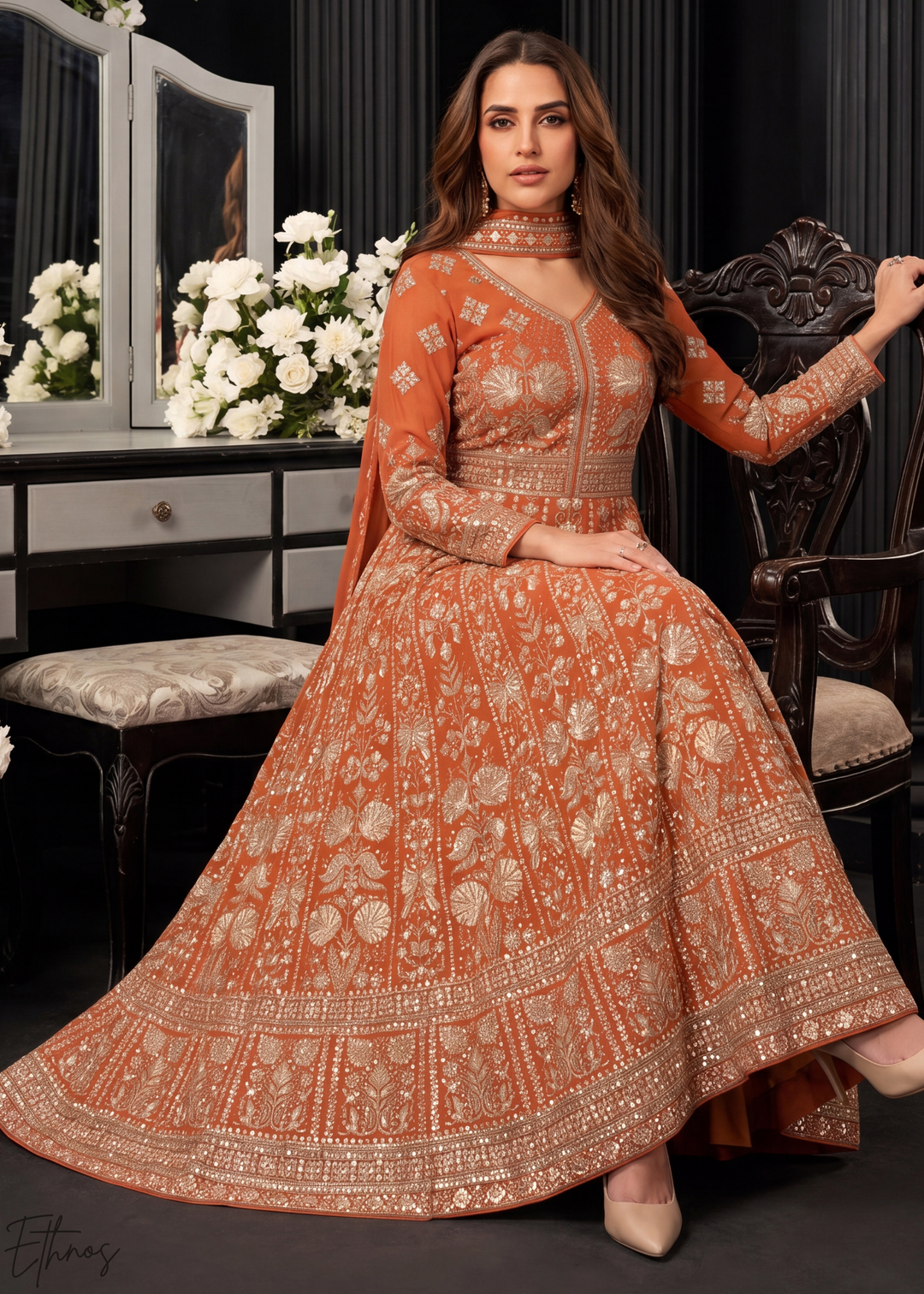 Rust Orange Floral-Embroidered Georgette Anarkali Gown Set