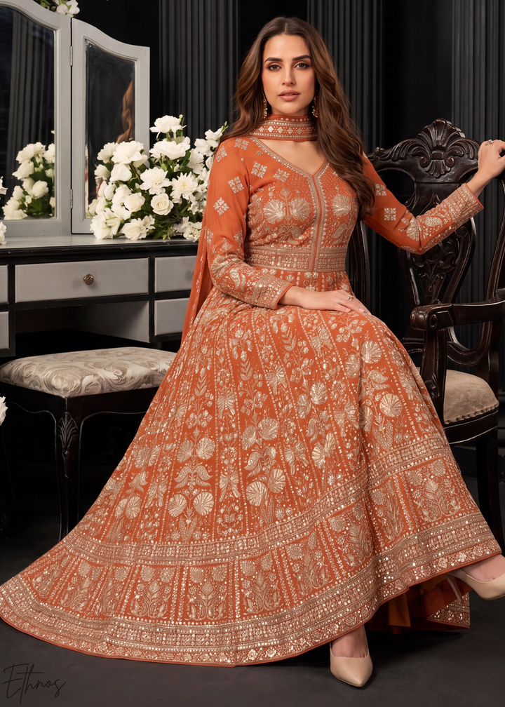 Rust Orange Floral-Embroidered Georgette Anarkali Gown Set