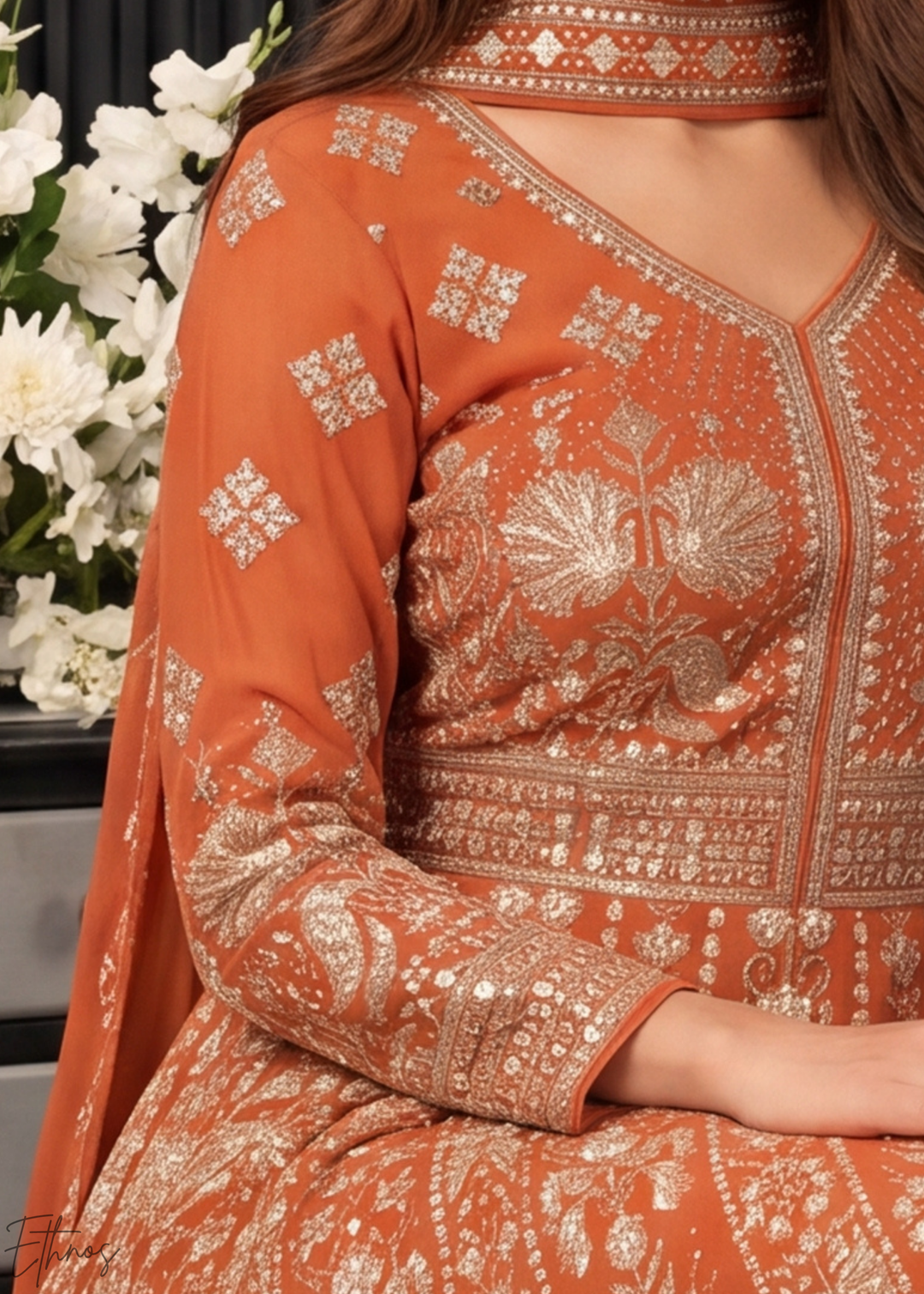 Rust Orange Floral-Embroidered Georgette Anarkali Gown Set