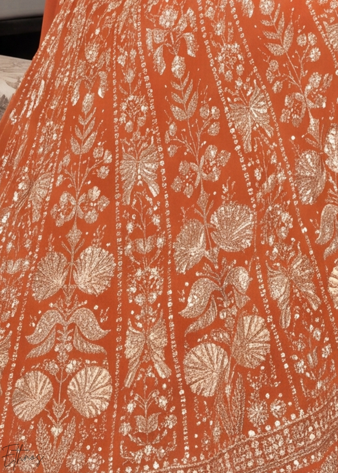 Rust Orange Floral-Embroidered Georgette Anarkali Gown Set