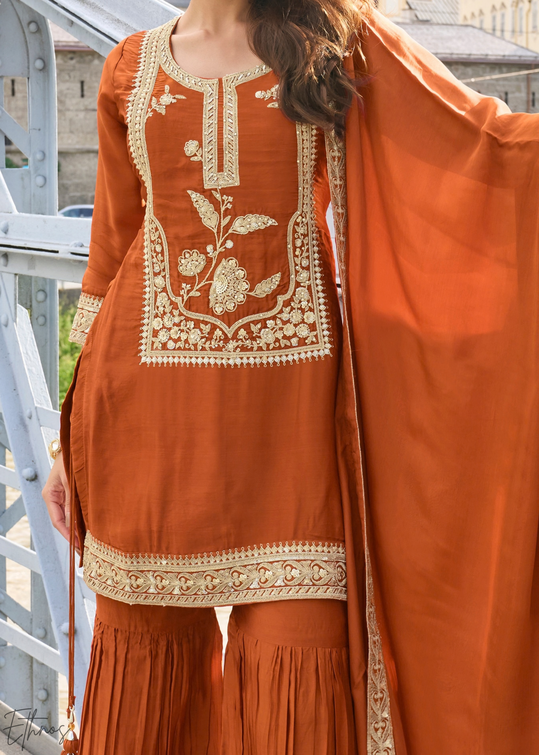 Rust Orange Gilded Silk Sharara Suit