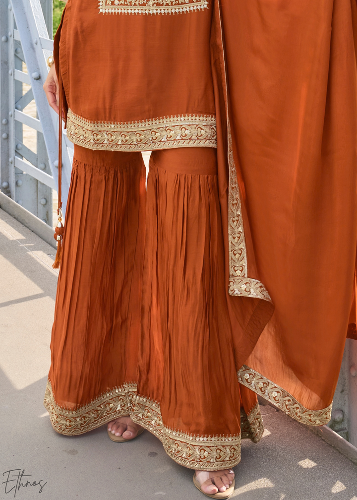 Rust Orange Gilded Silk Sharara Suit