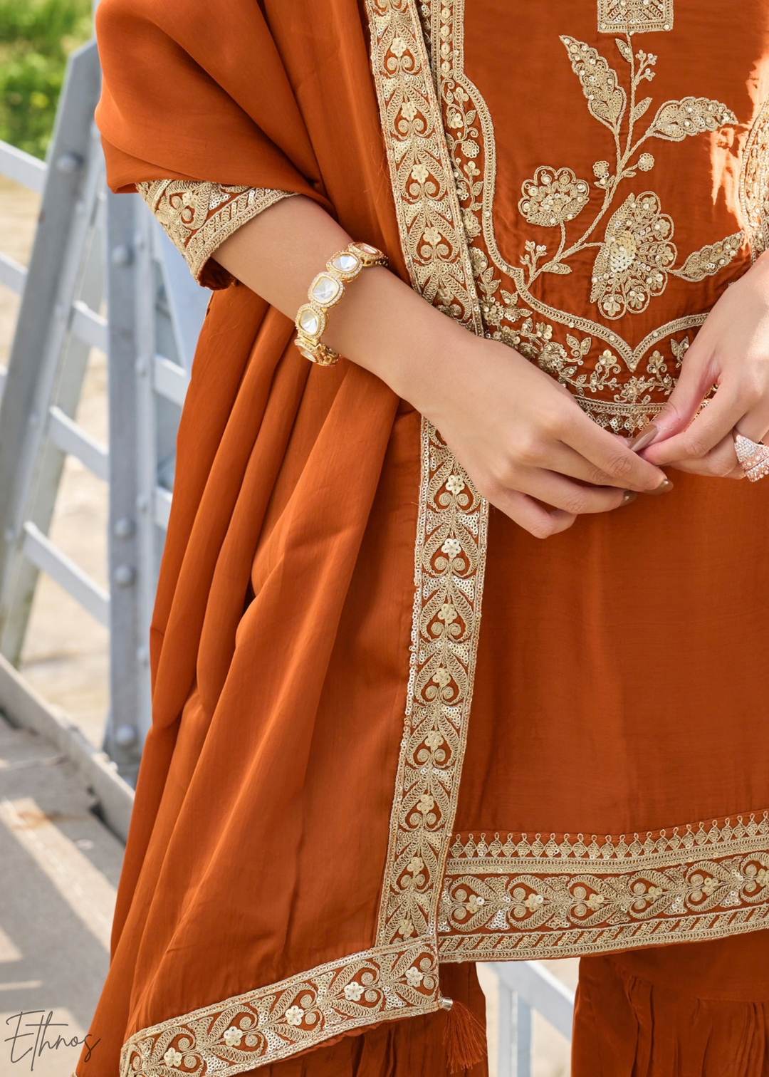 Rust Orange Gilded Silk Sharara Suit