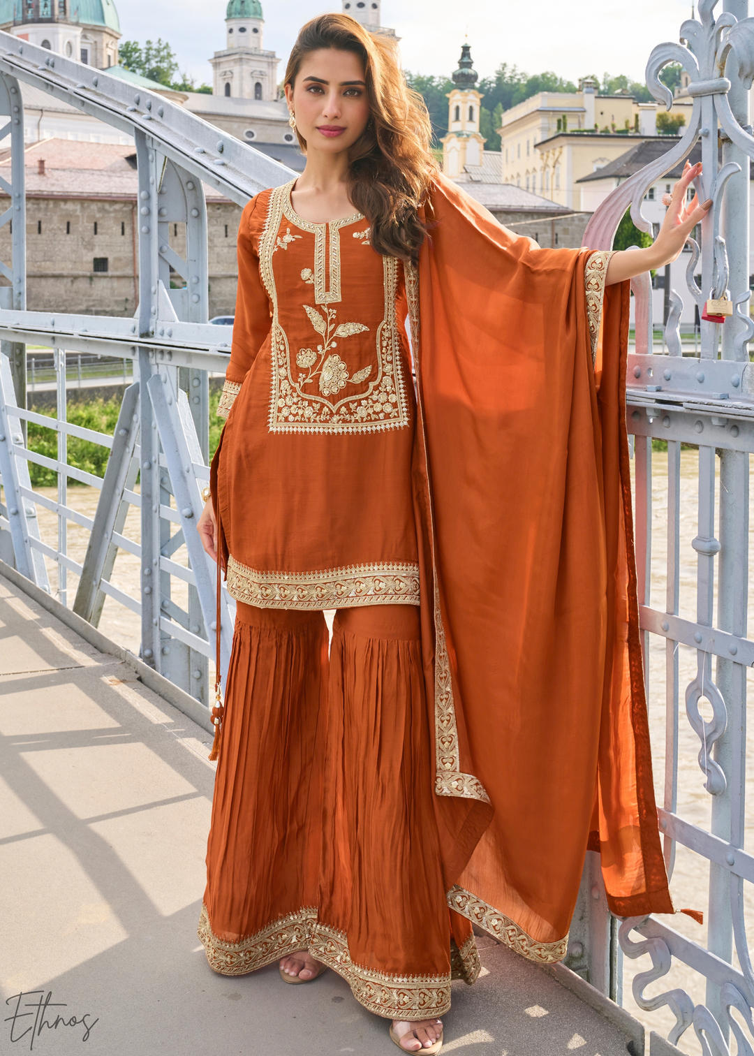 Rust Orange Gilded Silk Sharara Suit