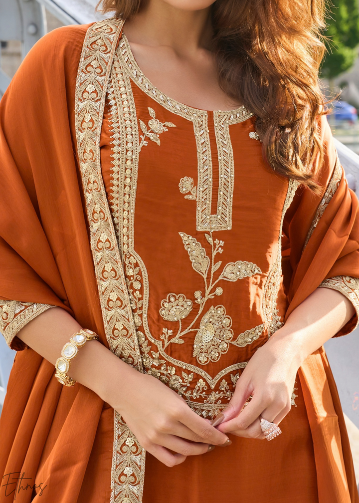 Rust Orange Gilded Silk Sharara Suit