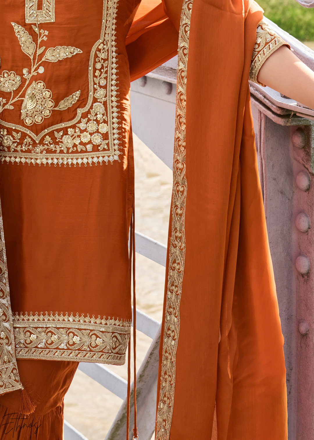 Rust Orange Gilded Silk Sharara Suit