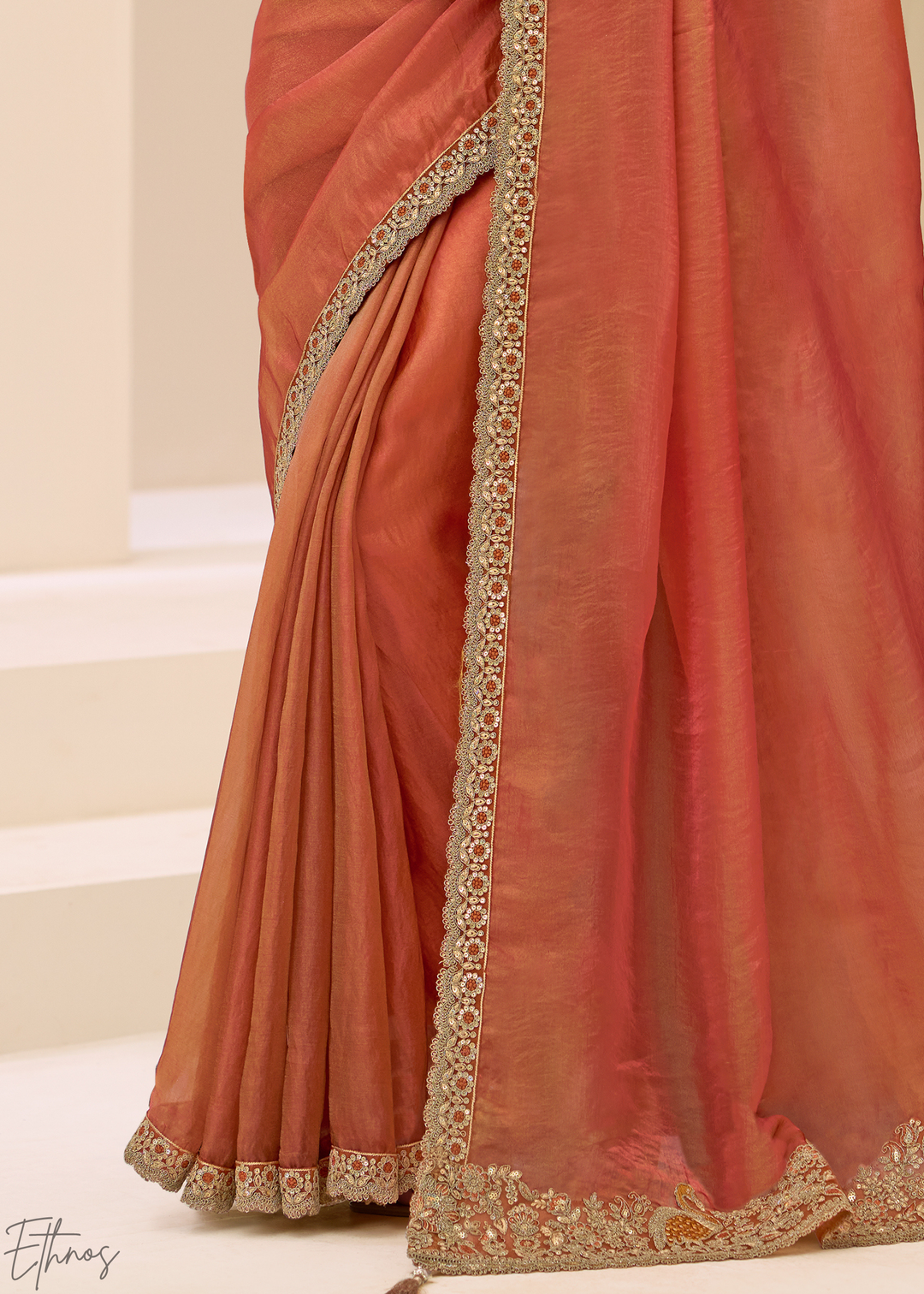 Rust Orange Metallic Sheen Two-Tone Satin Saree