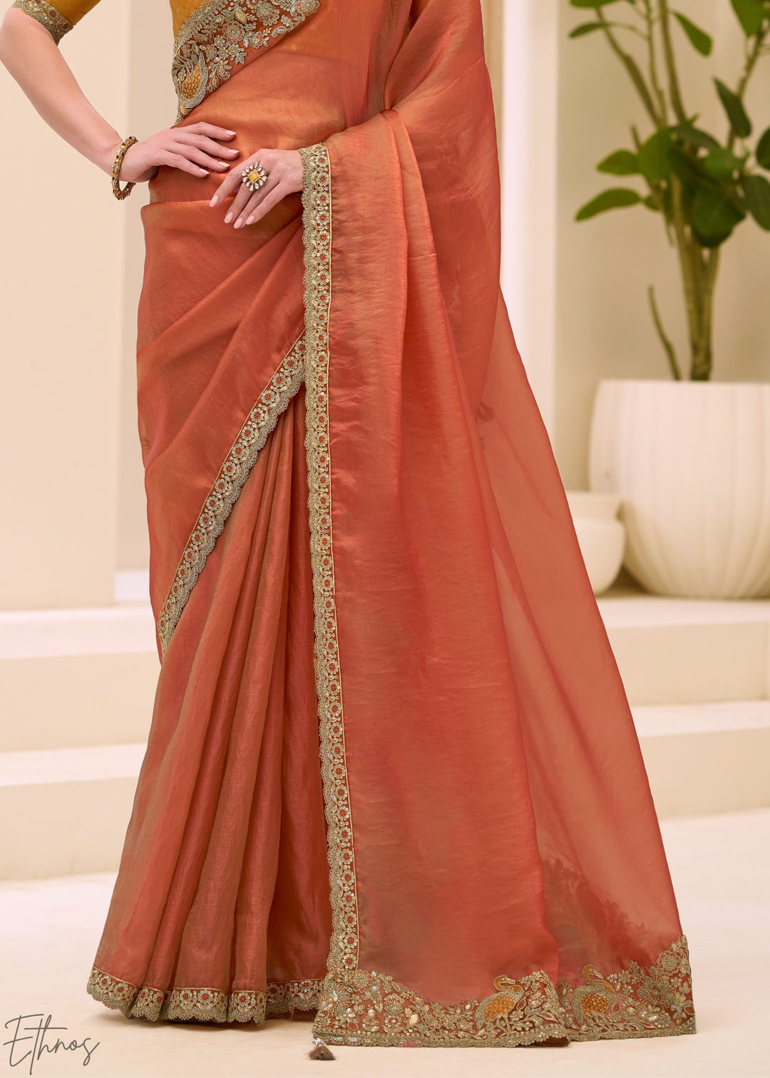 Rust Orange Metallic Sheen Two-Tone Satin Saree
