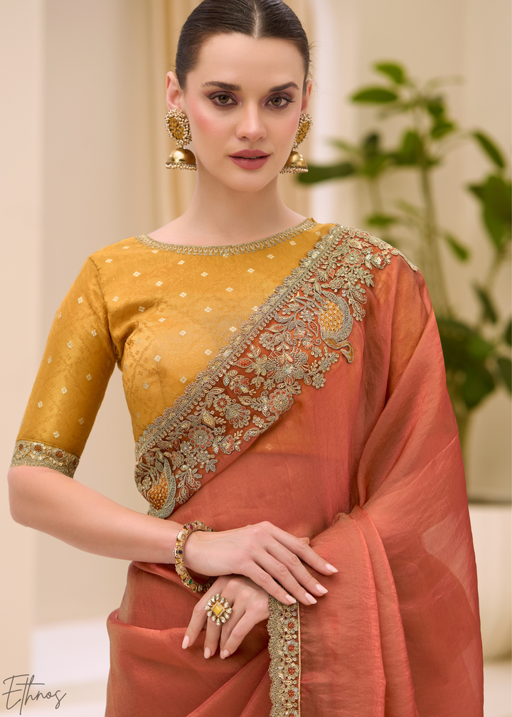 Rust Orange Metallic Sheen Two-Tone Satin Saree