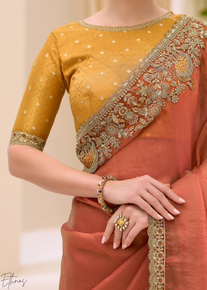 Rust Orange Metallic Sheen Two-Tone Satin Saree