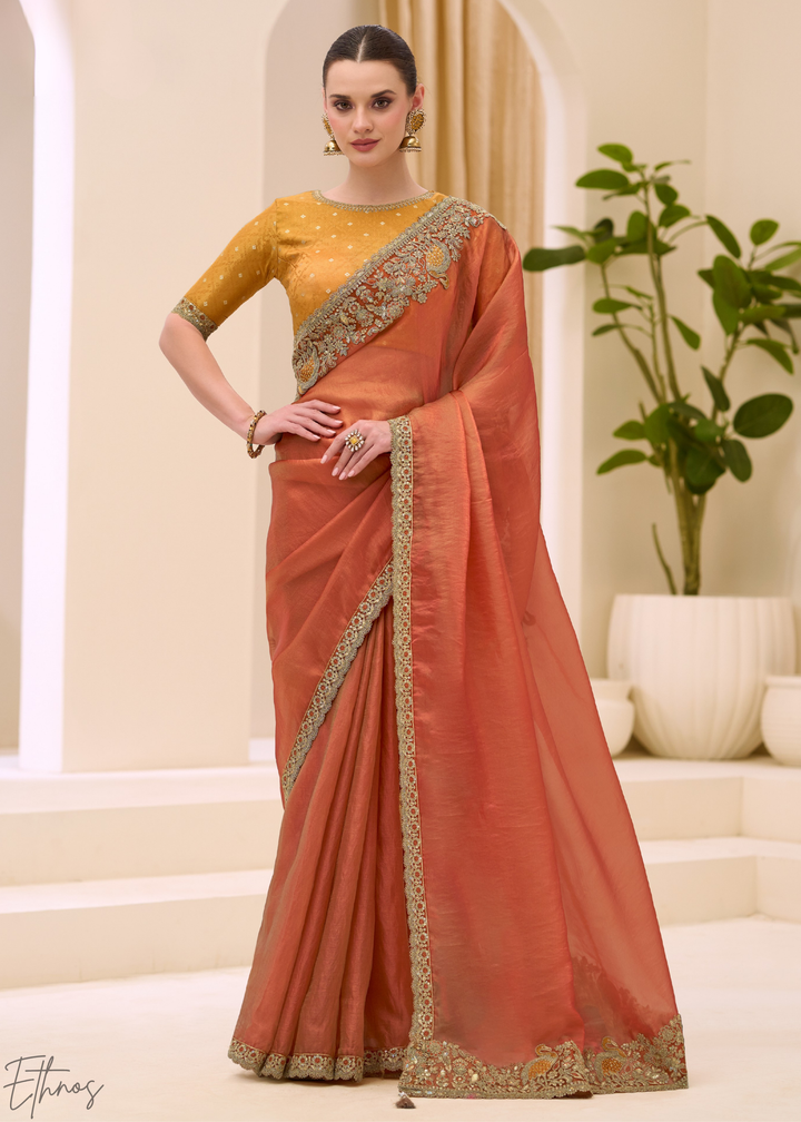 Rust Orange Metallic Sheen Two-Tone Satin Saree