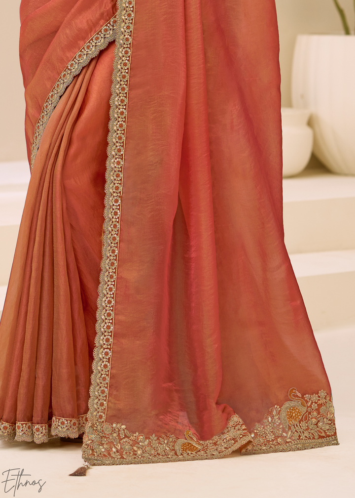 Rust Orange Metallic Sheen Two-Tone Satin Saree