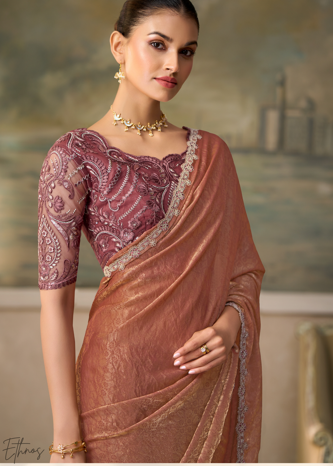 Rust Peach Ruffle Border Georgette Saree