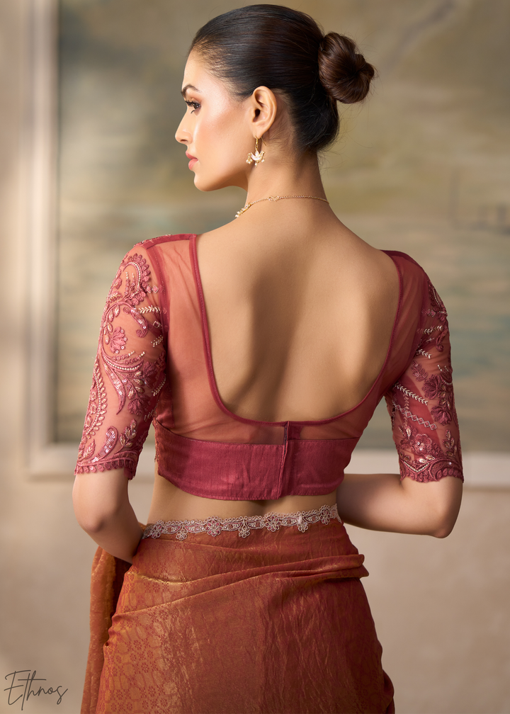 Rust Peach Ruffle Border Georgette Saree