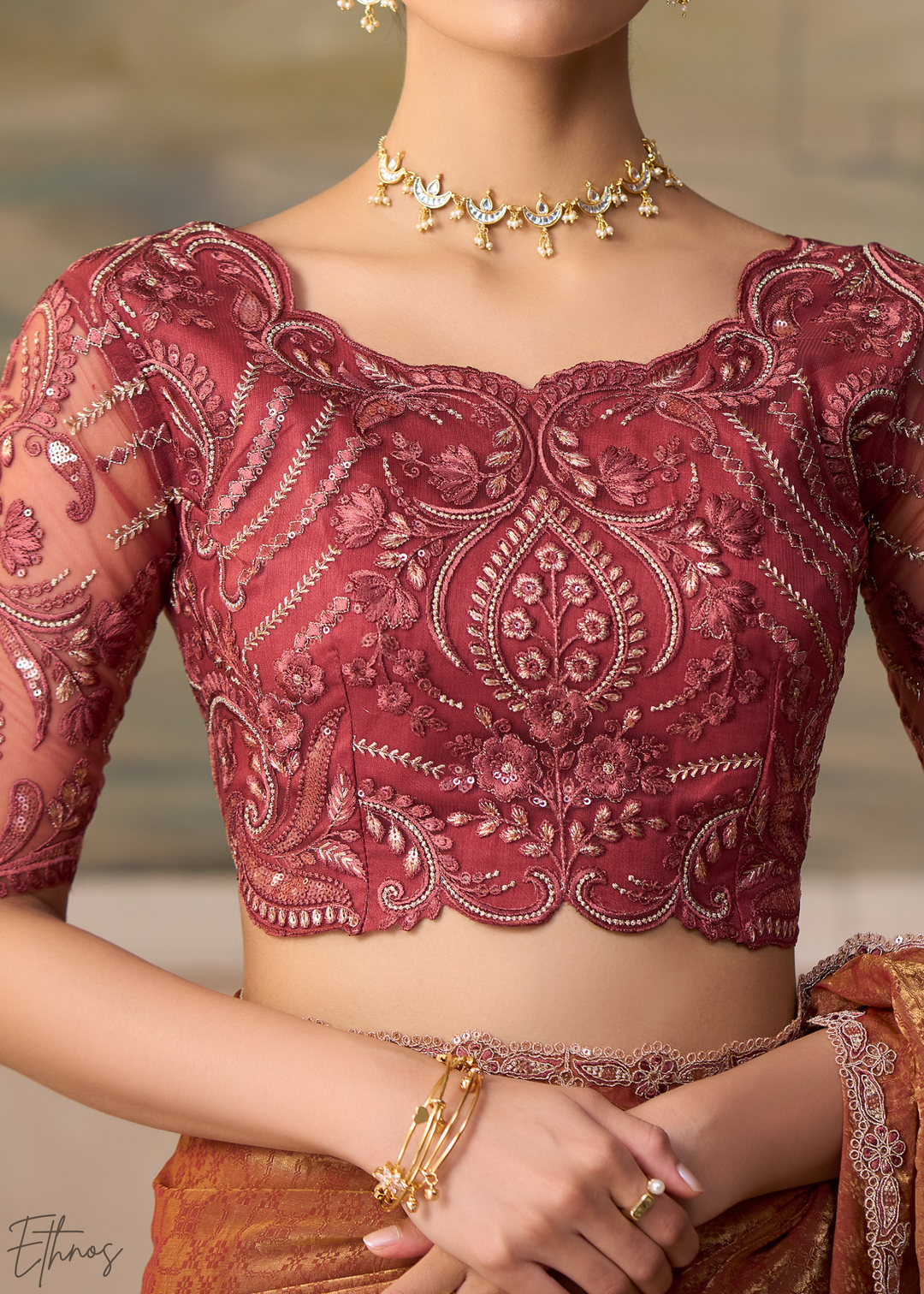 Rust Peach Ruffle Border Georgette Saree