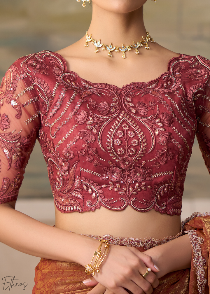 Rust Peach Ruffle Border Georgette Saree