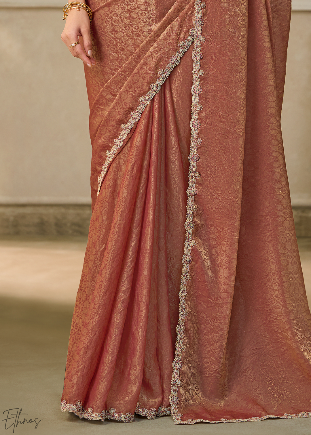 Rust Peach Ruffle Border Georgette Saree