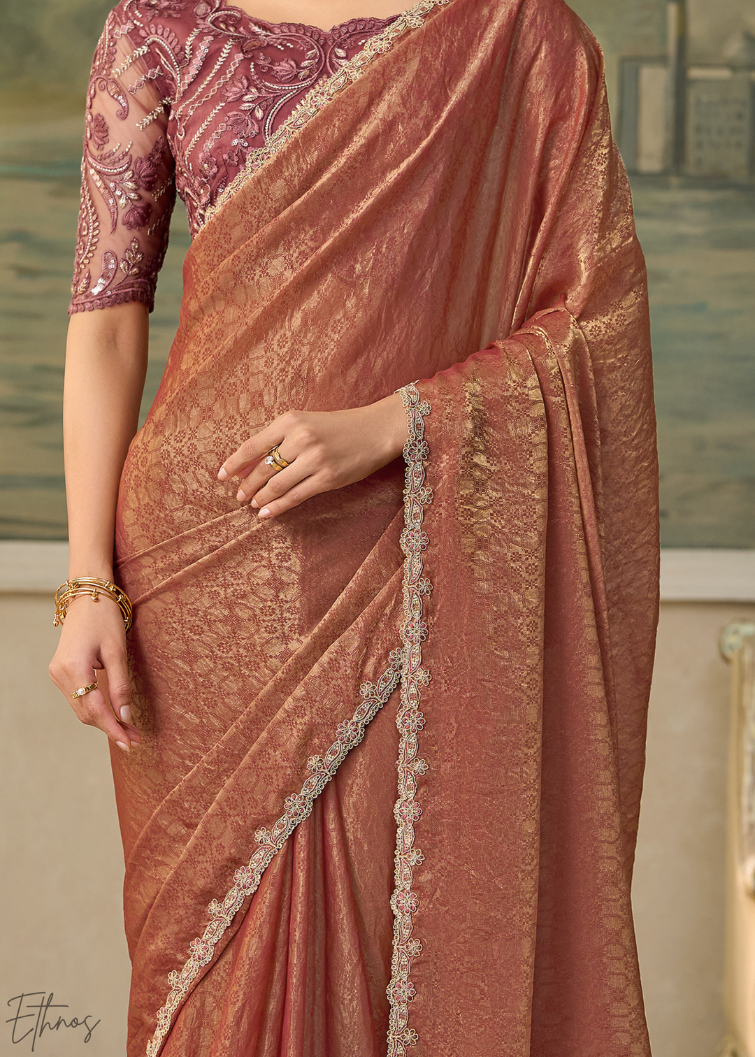 Rust Peach Ruffle Border Georgette Saree