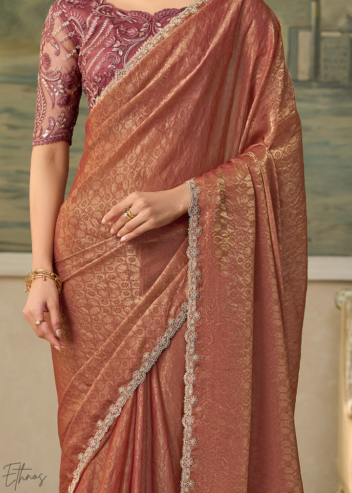 Rust Peach Ruffle Border Georgette Saree