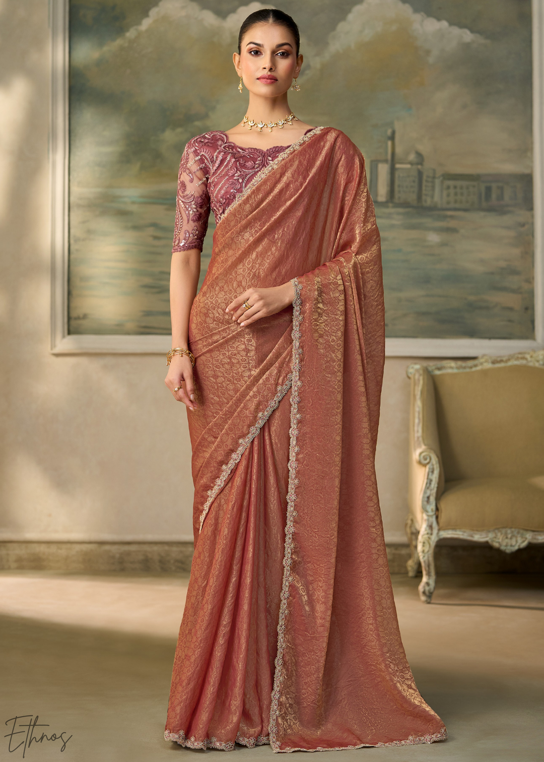 Rust Peach Ruffle Border Georgette Saree