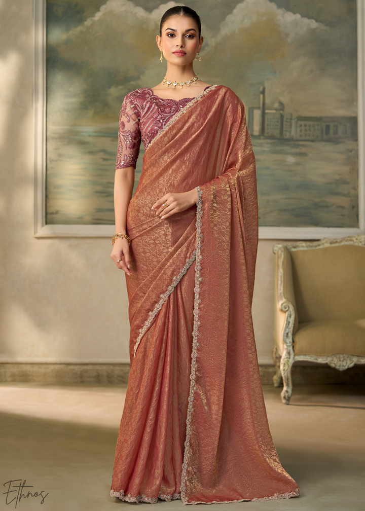 Rust Peach Ruffle Border Georgette Saree