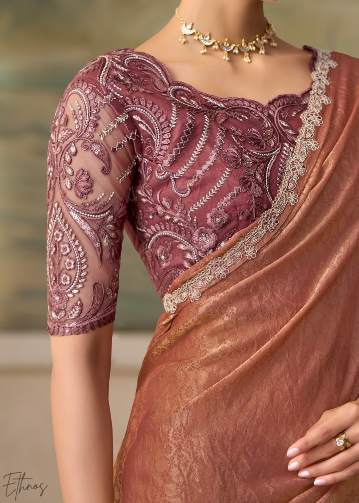 Rust Peach Ruffle Border Georgette Saree