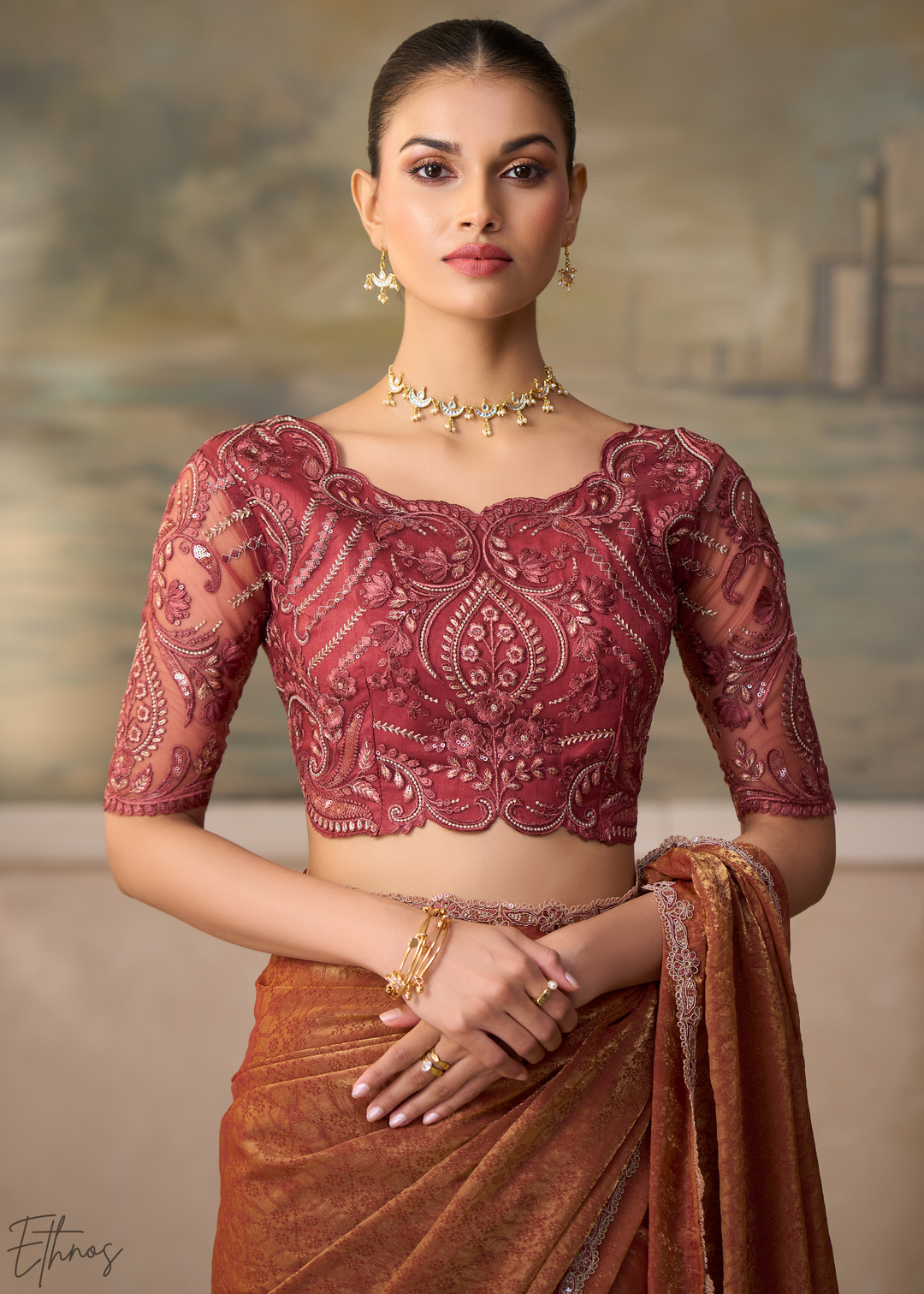 Rust Peach Ruffle Border Georgette Saree