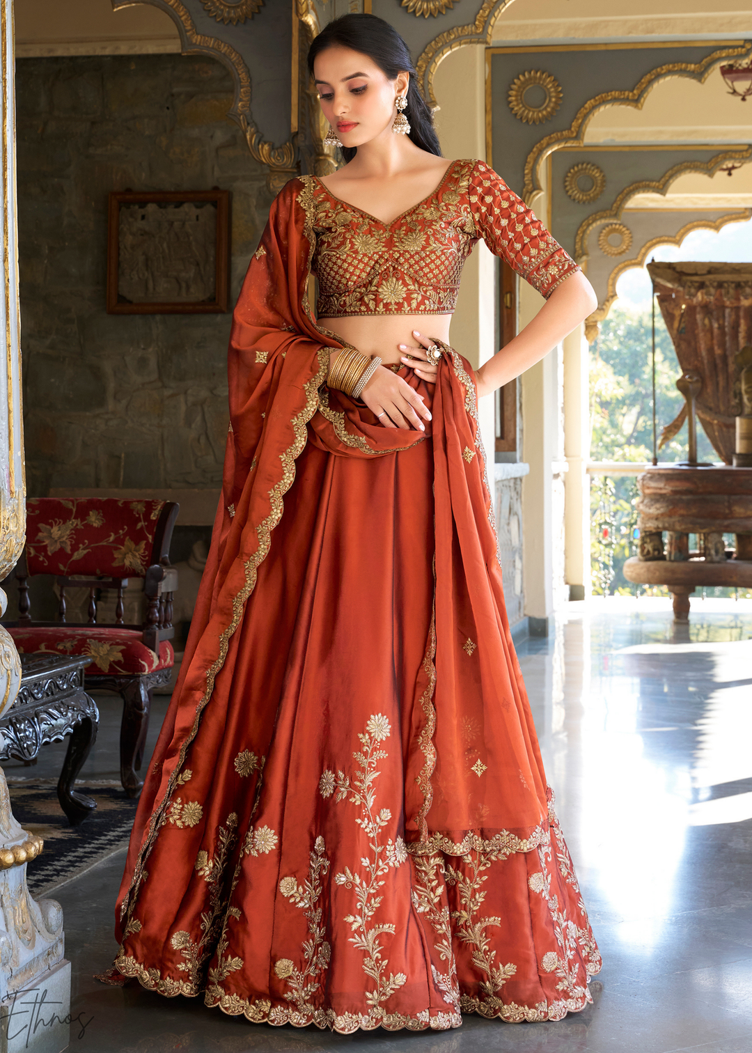 Rust Floret Zari Rangoli Silk Lehenga