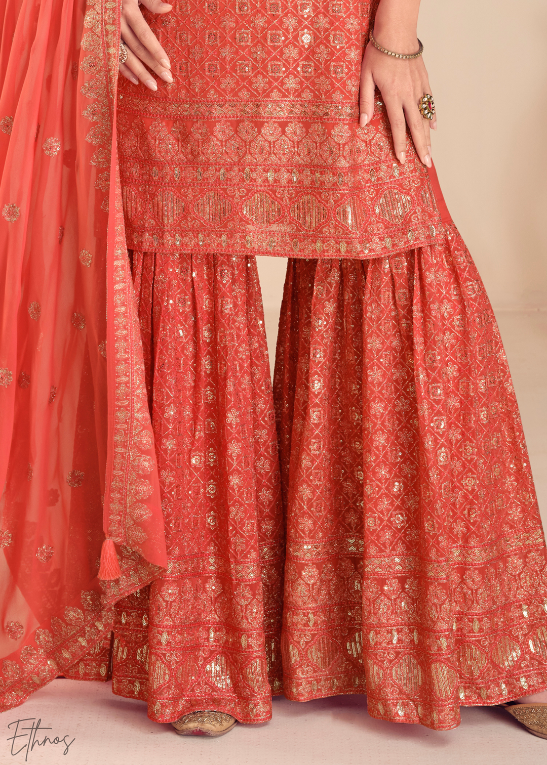 Rust Filigree Embroidered Chinon Sharara Suit