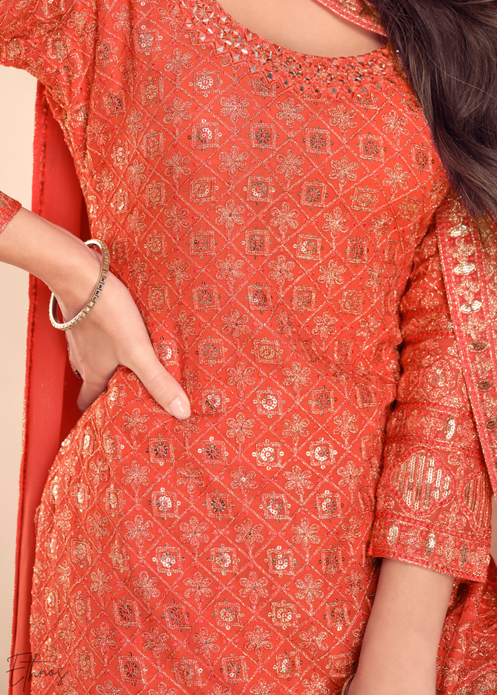 Rust Filigree Embroidered Chinon Sharara Suit