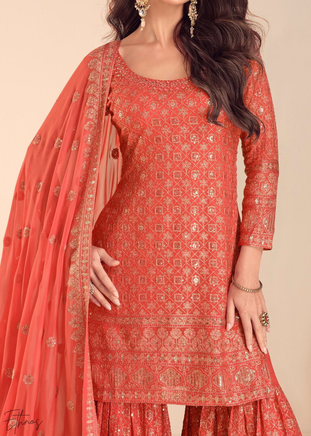 Rust Filigree Embroidered Chinon Sharara Suit
