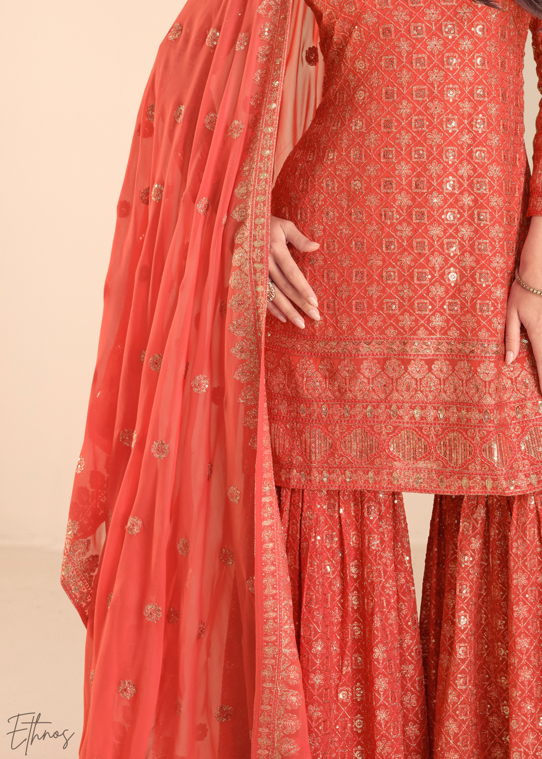 Rust Filigree Embroidered Chinon Sharara Suit