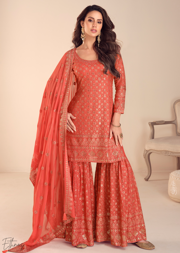 Rust Filigree Embroidered Chinon Sharara Suit