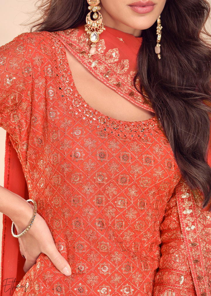 Rust Filigree Embroidered Chinon Sharara Suit