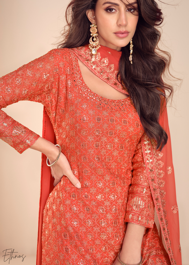 Rust Filigree Embroidered Chinon Sharara Suit
