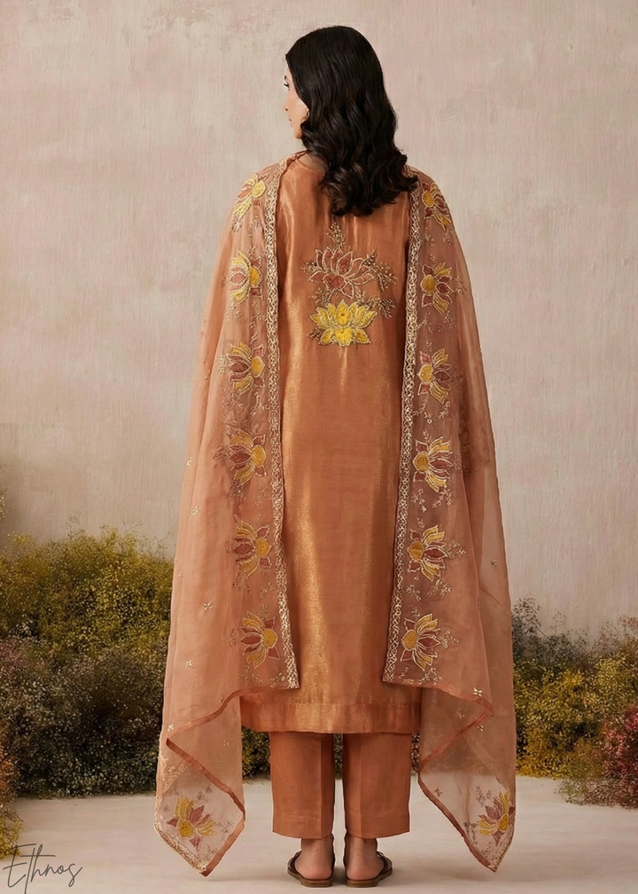 Rust Textured Flora Shimmer Silk Palazzo Suit